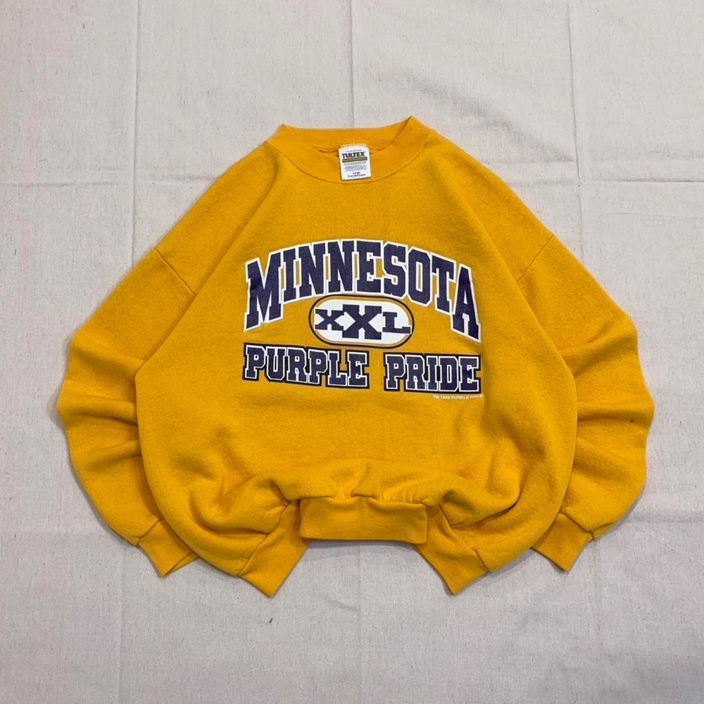 Vintage 1998 Tultex Minnesota Purple Pride yellow crewneck sweatshirt